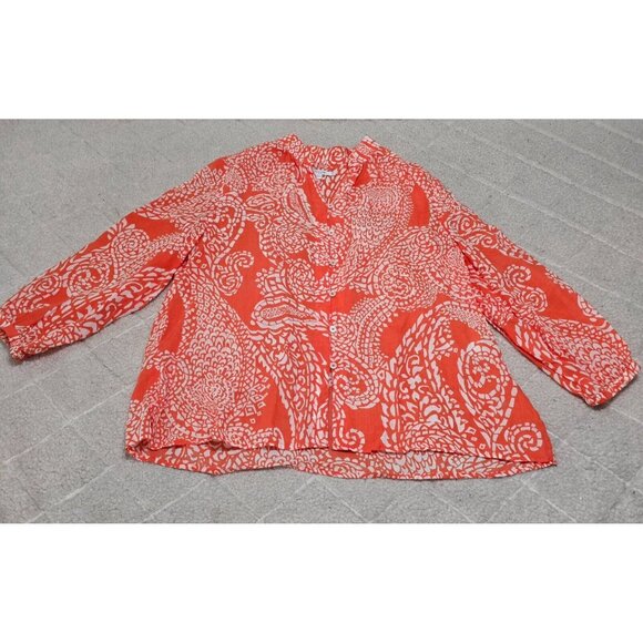 Chicos Womens Orange Paisley Button‎ Up Blouse Long Sleeve Split Neck Size 14 - Picture 3 of 11
